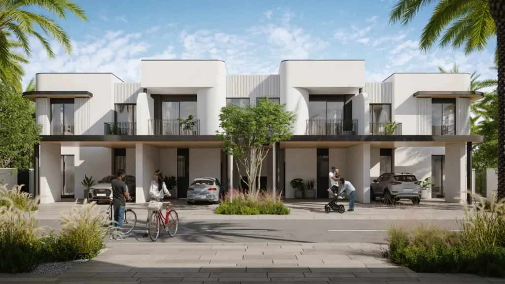 Anya at Arabian Ranches 3 by Emaar Properties contemporary townhouse front facade with landscaped street and private parking in Dubai Presented by Tohid Fetrat