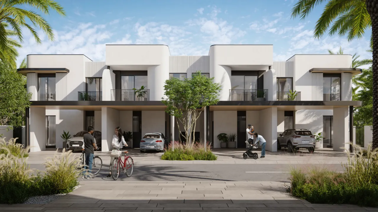 Anya at Arabian Ranches 3 by Emaar Properties contemporary townhouse front facade with landscaped street and private parking in Dubai Presented by Tohid Fetrat