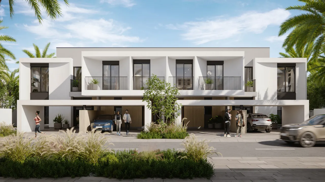 Anya at Arabian Ranches 3 by Emaar Properties contemporary townhouse street view with landscaped surroundings and covered parking in Dubai Presented by Tohid Fetrat