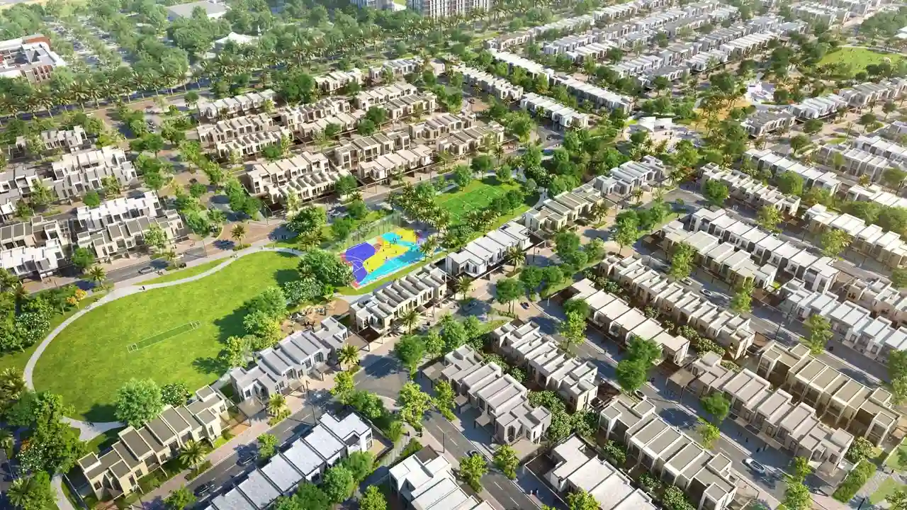 Arabian Ranches 3 townhouses and villas for sale overlooking landscaped parks, modern homes, recreational spaces, and tree lined streets in Dubai. Presented by Tohid Fetrat