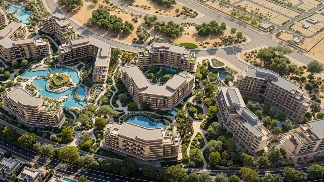 Arancia 2 at The Yards by Beyond Developments aerial master plan showcasing residential buildings landscaped gardens and water features in Dubai - Presented by Tohid Fetrat