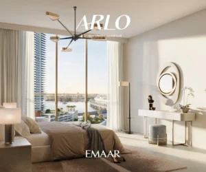 ARLO at Dubai Creek Harbour by Emaar Properties contemporary bedroom with floor to ceiling windows and waterfront views in Dubai - Presented by Tohid Fetrat