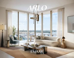 ARLO at Dubai Creek Harbour by Emaar Properties contemporary living room with floor to ceiling windows and waterfront skyline views in Dubai - Presented by Tohid Fetrat