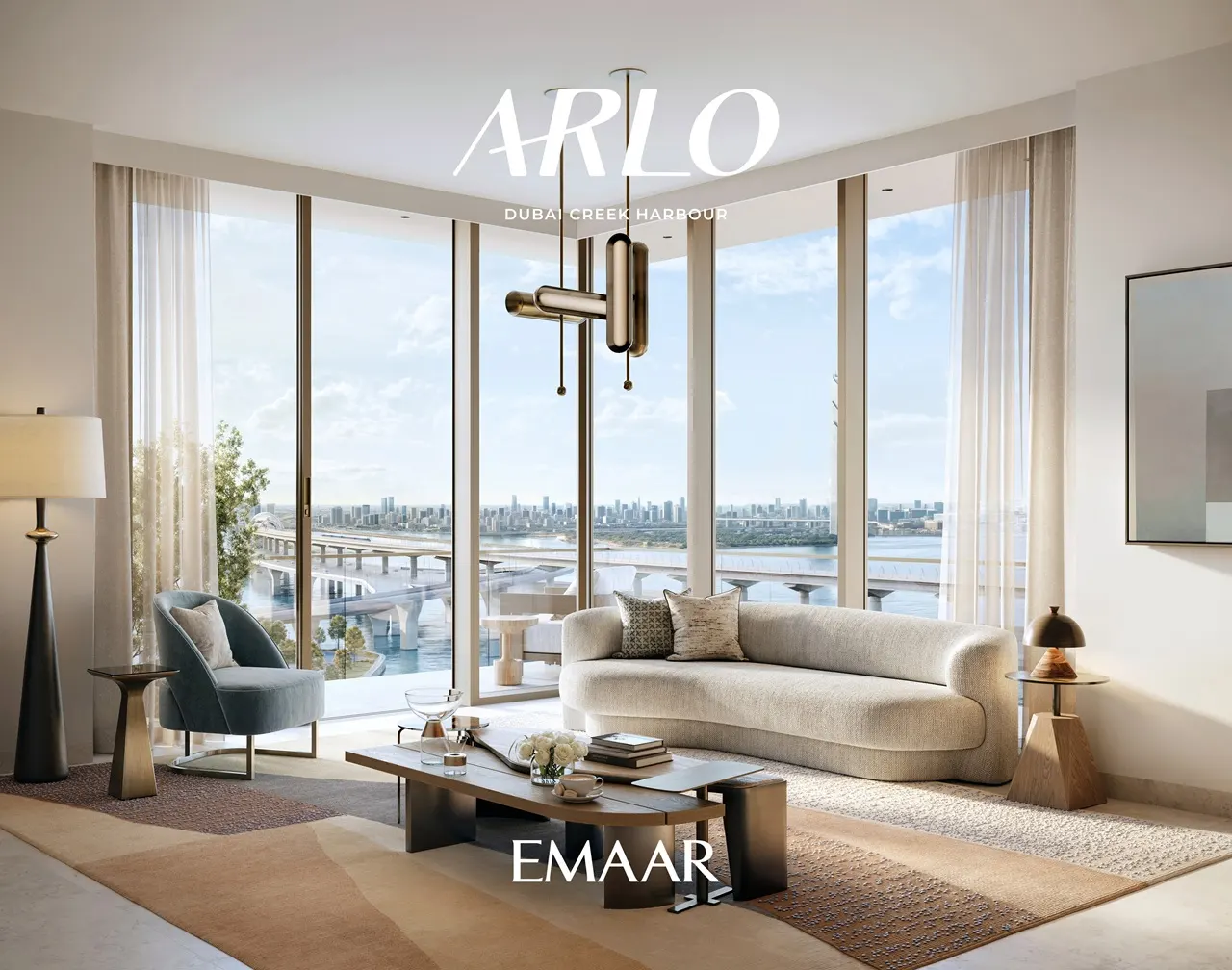 ARLO at Dubai Creek Harbour by Emaar Properties contemporary living room with floor to ceiling windows and waterfront skyline views in Dubai - Presented by Tohid Fetrat