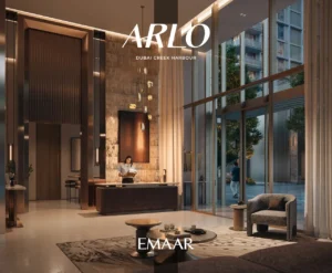 ARLO at Dubai Creek Harbour by Emaar Properties luxury lobby with double height ceilings elegant reception and contemporary interiors in Dubai - Presented by Tohid Fetrat
