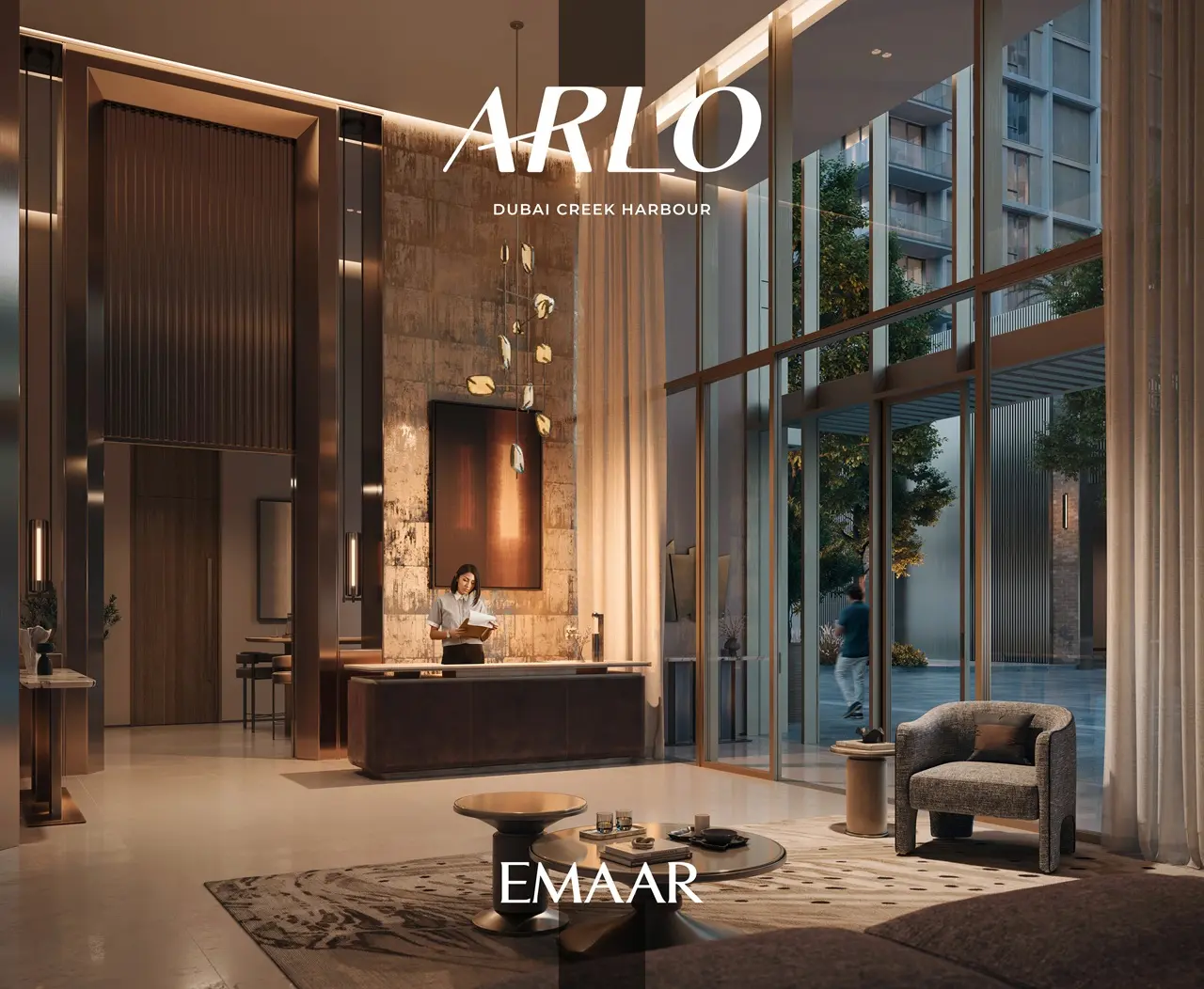 ARLO at Dubai Creek Harbour by Emaar Properties luxury lobby with double height ceilings elegant reception and contemporary interiors in Dubai - Presented by Tohid Fetrat
