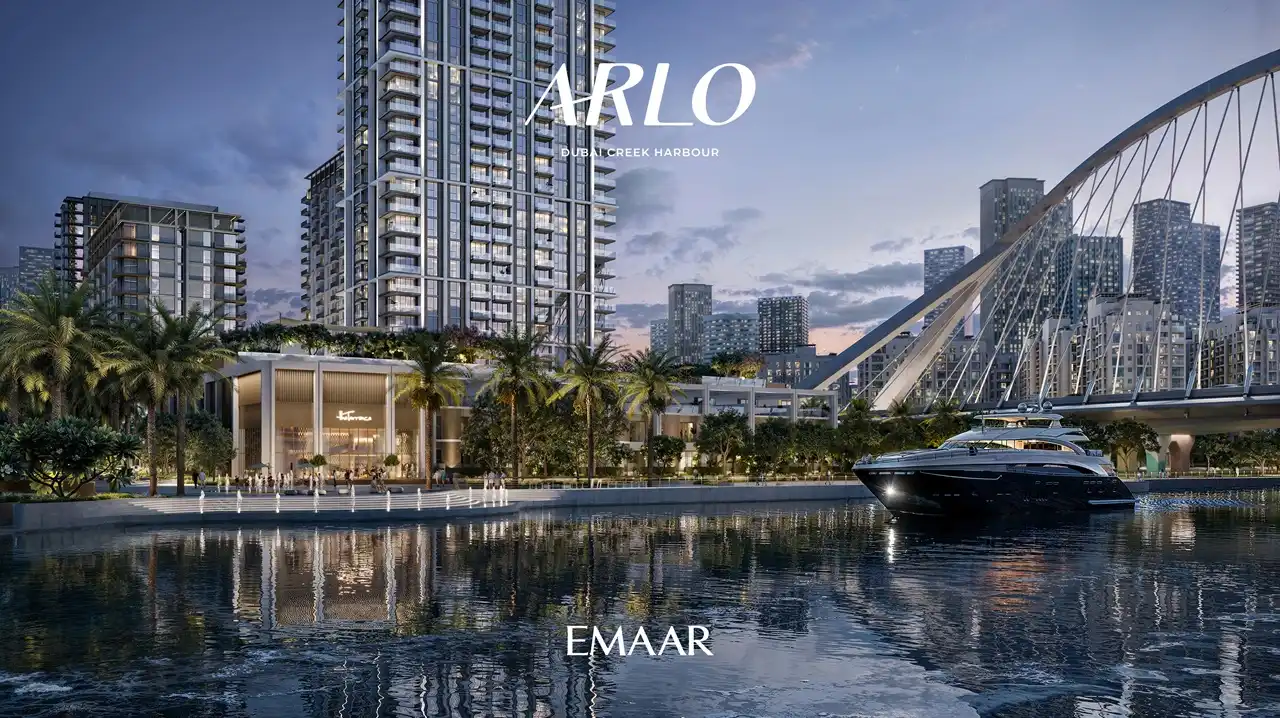 ARLO at Dubai Creek Harbour by Emaar Properties marina waterfront with luxury residential tower yacht and landscaped promenade in Dubai - Presented by Tohid Fetrat