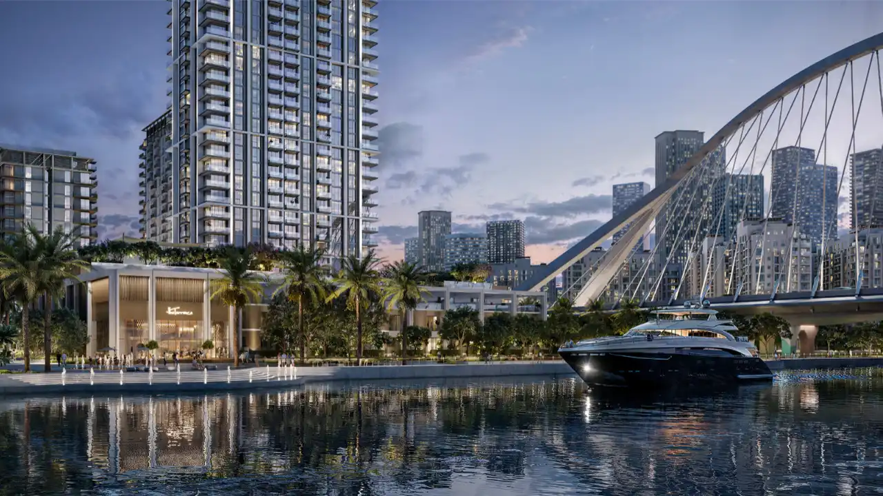 ARLO at Dubai Creek Harbour by Emaar Properties marina waterfront with luxury residential tower yacht and pedestrian bridge in Dubai - Presented by Tohid Fetrat