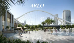 ARLO at Dubai Creek Harbour by Emaar Properties public plaza with fountain landscaped walkways and signature bridge in Dubai - Presented by Tohid Fetrat