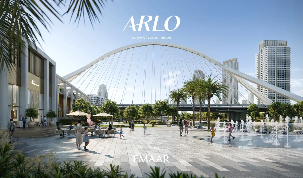 ARLO at Dubai Creek Harbour by Emaar Properties public plaza with fountain landscaped walkways and signature bridge in Dubai - Presented by Tohid Fetrat