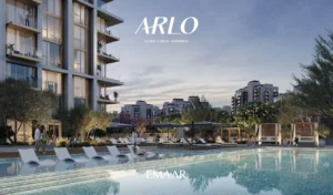 ARLO at Dubai Creek Harbour by Emaar Properties resort style swimming pool with sun loungers and landscaped leisure area in Dubai - Presented by Tohid Fetrat