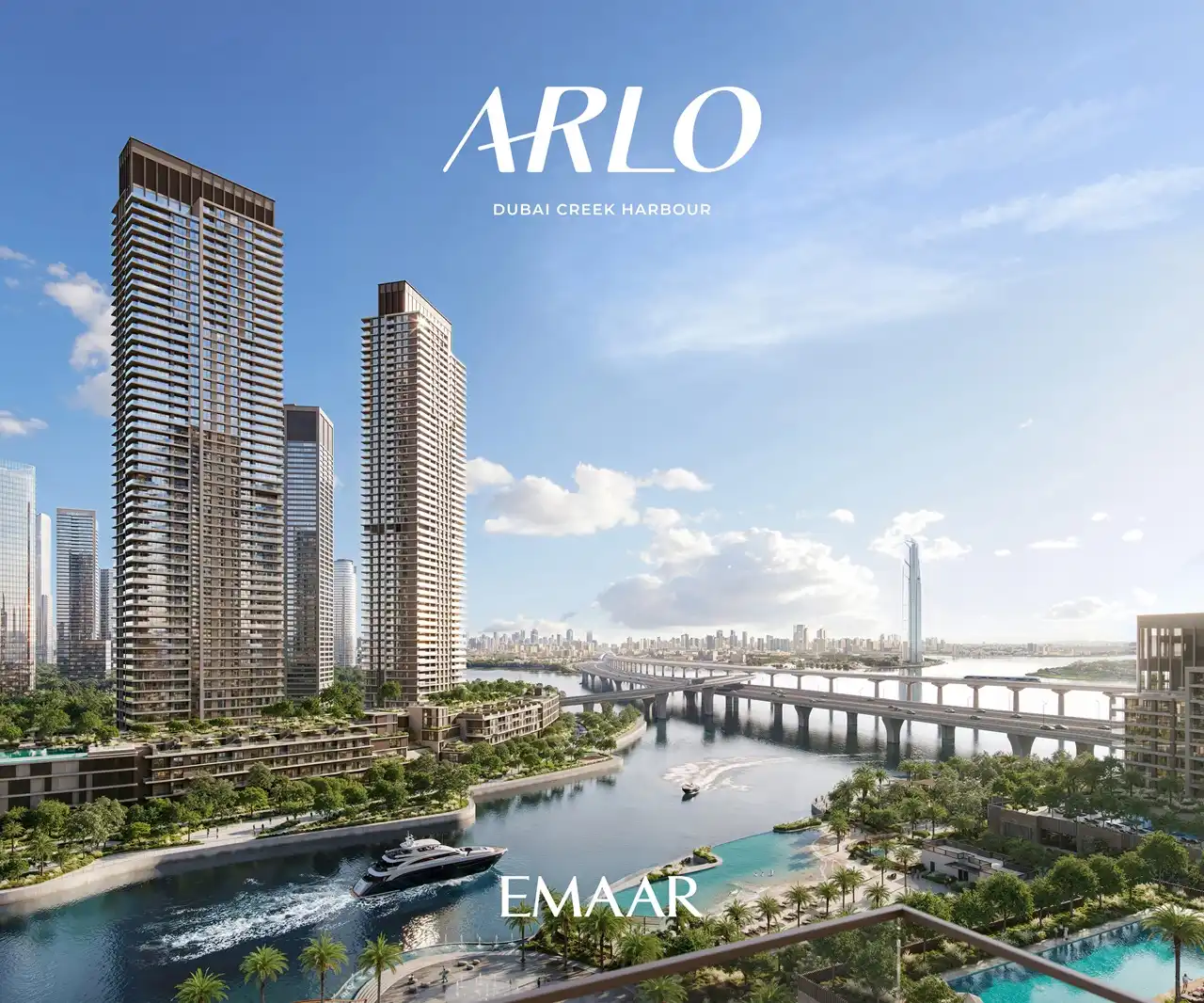 ARLO at Dubai Creek Harbour by Emaar Properties panoramic waterfront skyline with residential towers marina and city views in Dubai - Presented by Tohid Fetrat