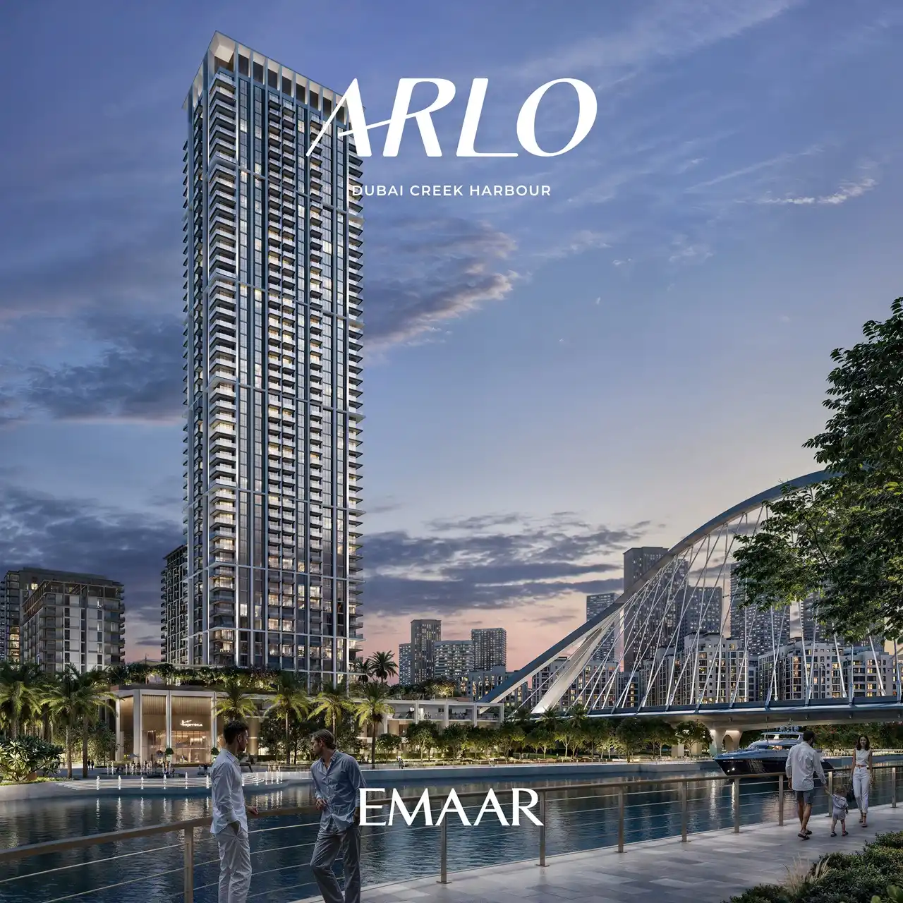 ARLO at Dubai Creek Harbour by Emaar Properties waterfront residential tower beside the marina and pedestrian bridge in Dubai - Presented by Tohid Fetrat