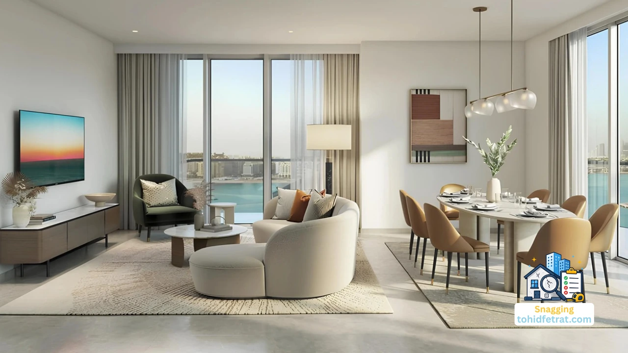 Modern living room at Beachgate by Address highlighting why an independent inspection protects buyers before property handover at Emaar Beachfront. Presented by Tohid Fetrat