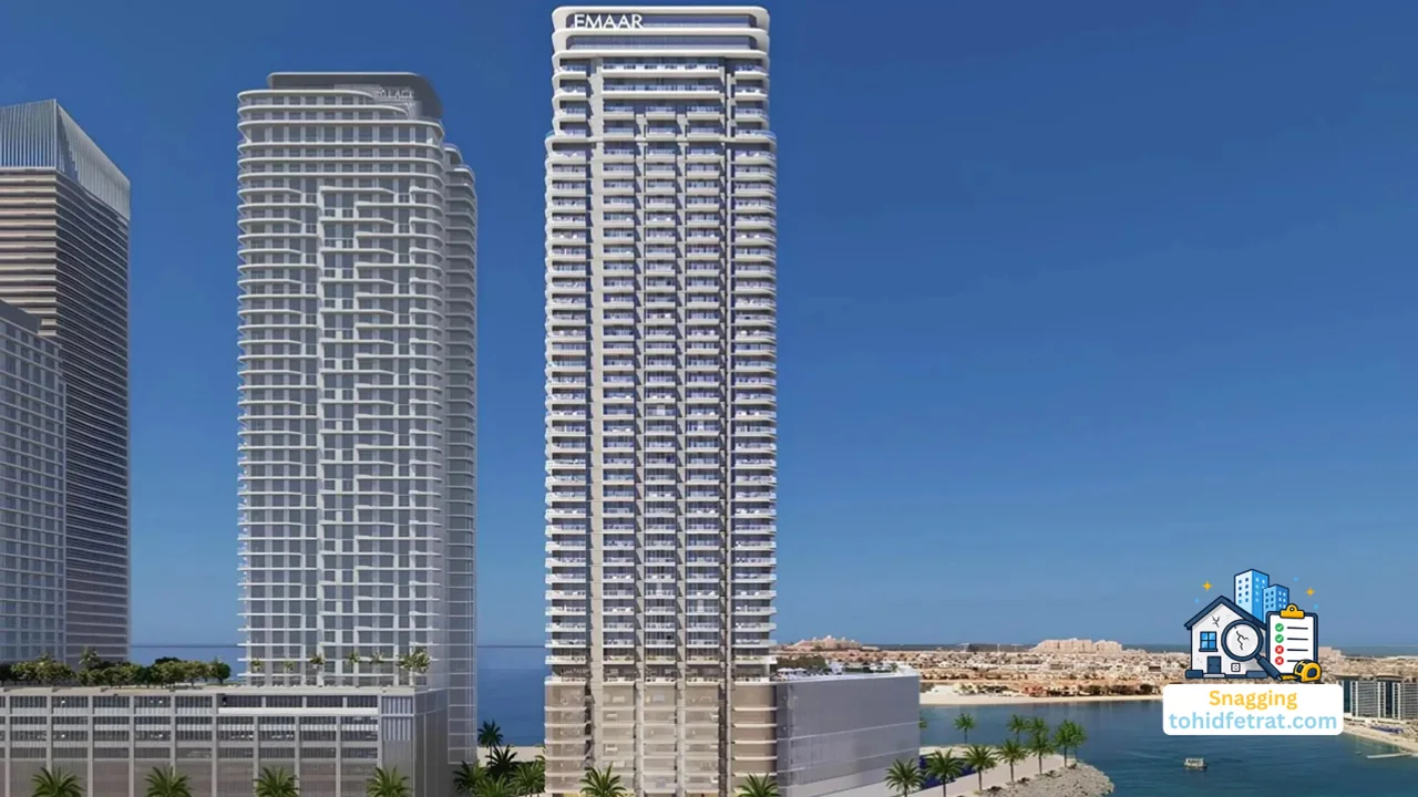 Beachgate by Address tower illustrating why snagging matters at this stage of construction before handover at Emaar Beachfront. Presented by Tohid Fetrat
