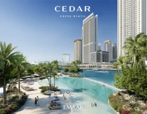 Cedar at Dubai Creek Harbour by Emaar Properties resort style creek beach lagoon with waterfront residential towers and landscaped leisure spaces in Dubai - Presented by Tohid Fetrat