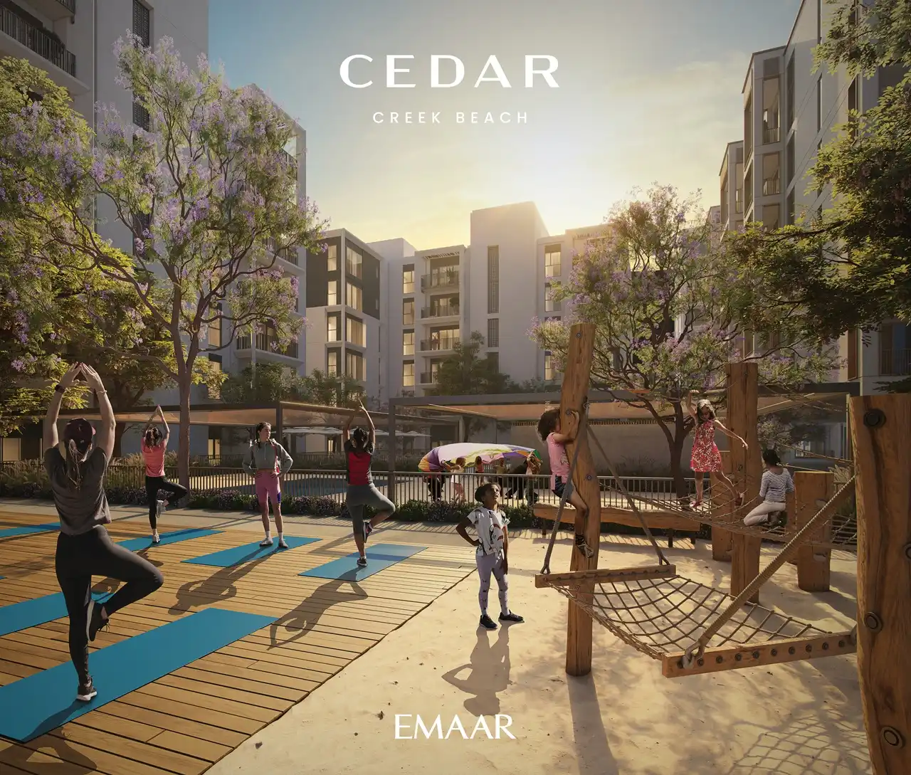 Cedar at Dubai Creek Harbour by Emaar Properties outdoor family amenities with yoga deck, children's playground and landscaped courtyard in Dubai - Presented by Tohid Fetrat