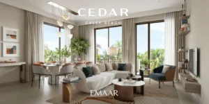 Cedar at Dubai Creek Harbour by Emaar Properties contemporary living room with dining area, floor to ceiling windows and private balcony views in Dubai - Presented by Tohid Fetrat