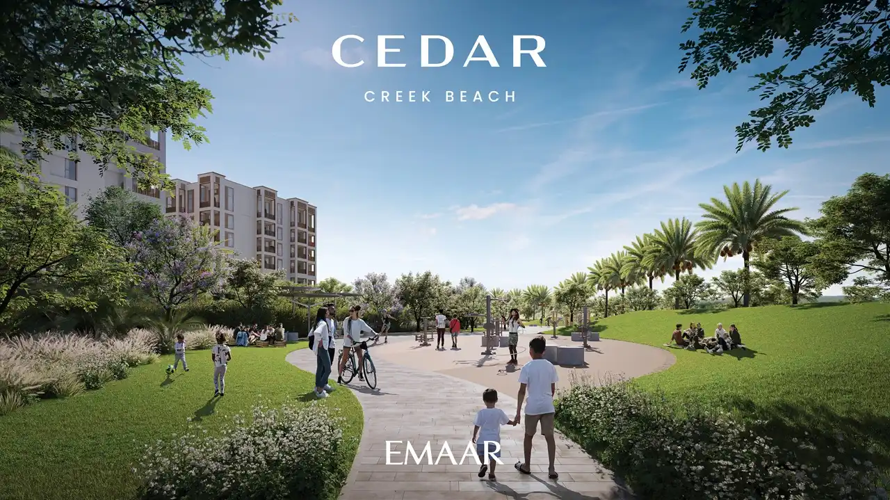 Cedar at Dubai Creek Harbour by Emaar Properties landscaped park lifestyle with walking paths, greenery, palm trees and residential buildings in Dubai - Presented by Tohid Fetrat