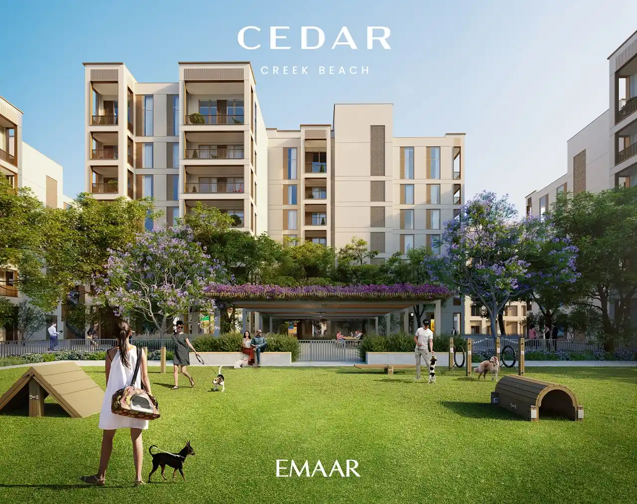 Cedar at Dubai Creek Harbour by Emaar Properties pet friendly community park with landscaped green spaces and residential buildings in Dubai - Presented by Tohid Fetrat