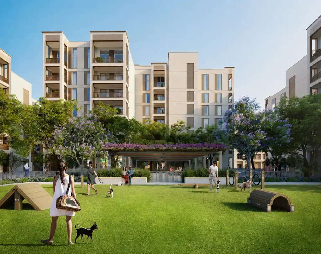 Cedar at Dubai Creek Harbour by Emaar Properties landscaped pet park with open green spaces and residential buildings in Dubai - Presented by Tohid Fetrat