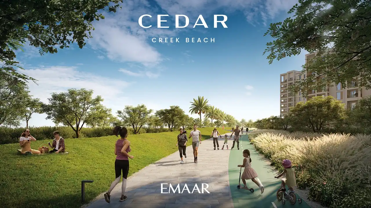 Cedar at Dubai Creek Harbour by Emaar Properties landscaped running track with walking paths, family recreation, greenery and residential buildings in Dubai - Presented by Tohid Fetrat