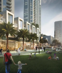 Creek Gate at Dubai Creek Harbour by Emaar Properties landscaped community park with retail promenade and residential towers in Dubai - Presented by Tohid Fetrat