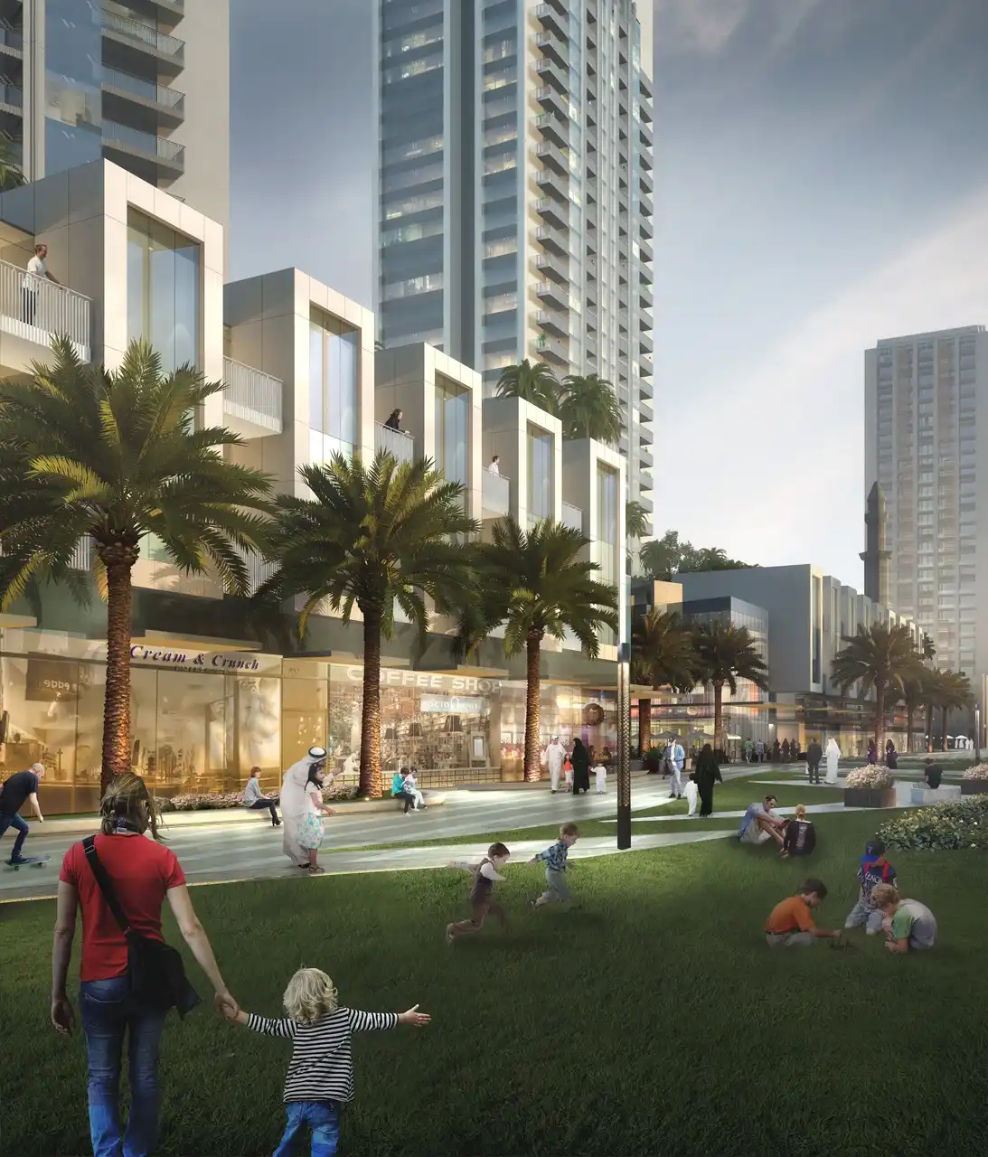 Creek Gate at Dubai Creek Harbour by Emaar Properties landscaped community park with retail promenade and residential towers in Dubai - Presented by Tohid Fetrat