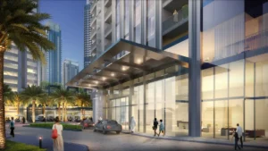 Creek Gate at Dubai Creek Harbour by Emaar Properties grand residential entrance with modern glass facade and landscaped arrival area in Dubai - Presented by Tohid Fetrat