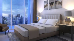 Creek Gate at Dubai Creek Harbour by Emaar Properties contemporary master bedroom with floor to ceiling windows and skyline view in Dubai - Presented by Tohid Fetrat