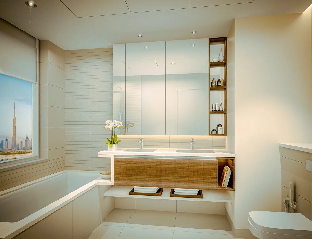 Creek Gate at Dubai Creek Harbour by Emaar Properties contemporary bathroom with double vanity, bathtub and city view in Dubai - Presented by Tohid Fetrat