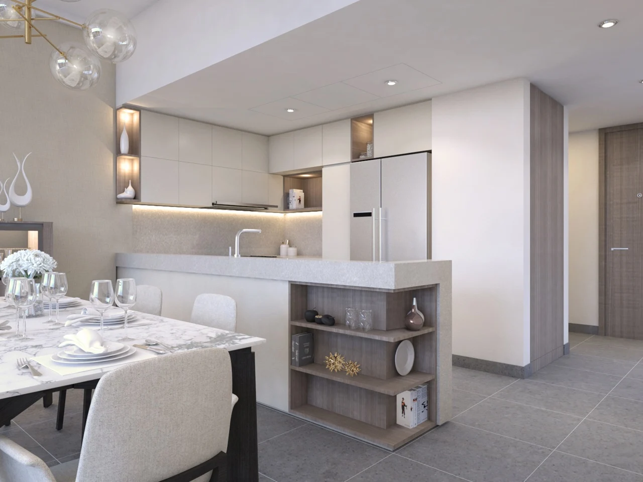 Creek Gate at Dubai Creek Harbour by Emaar Properties contemporary open plan kitchen with dining area and premium finishes in Dubai - Presented by Tohid Fetrat