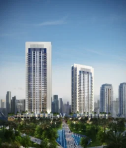Creek Gate at Dubai Creek Harbour by Emaar Properties twin residential towers overlooking landscaped park and water features in Dubai - Presented by Tohid Fetrat