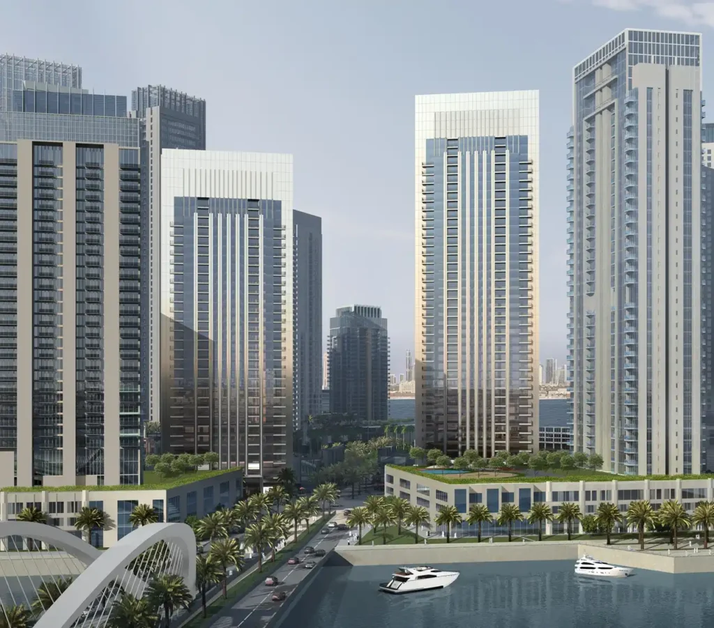 Creek Gate at Dubai Creek Harbour by Emaar Properties waterfront twin residential towers overlooking the marina and landscaped boulevard in Dubai - Presented by Tohid Fetrat