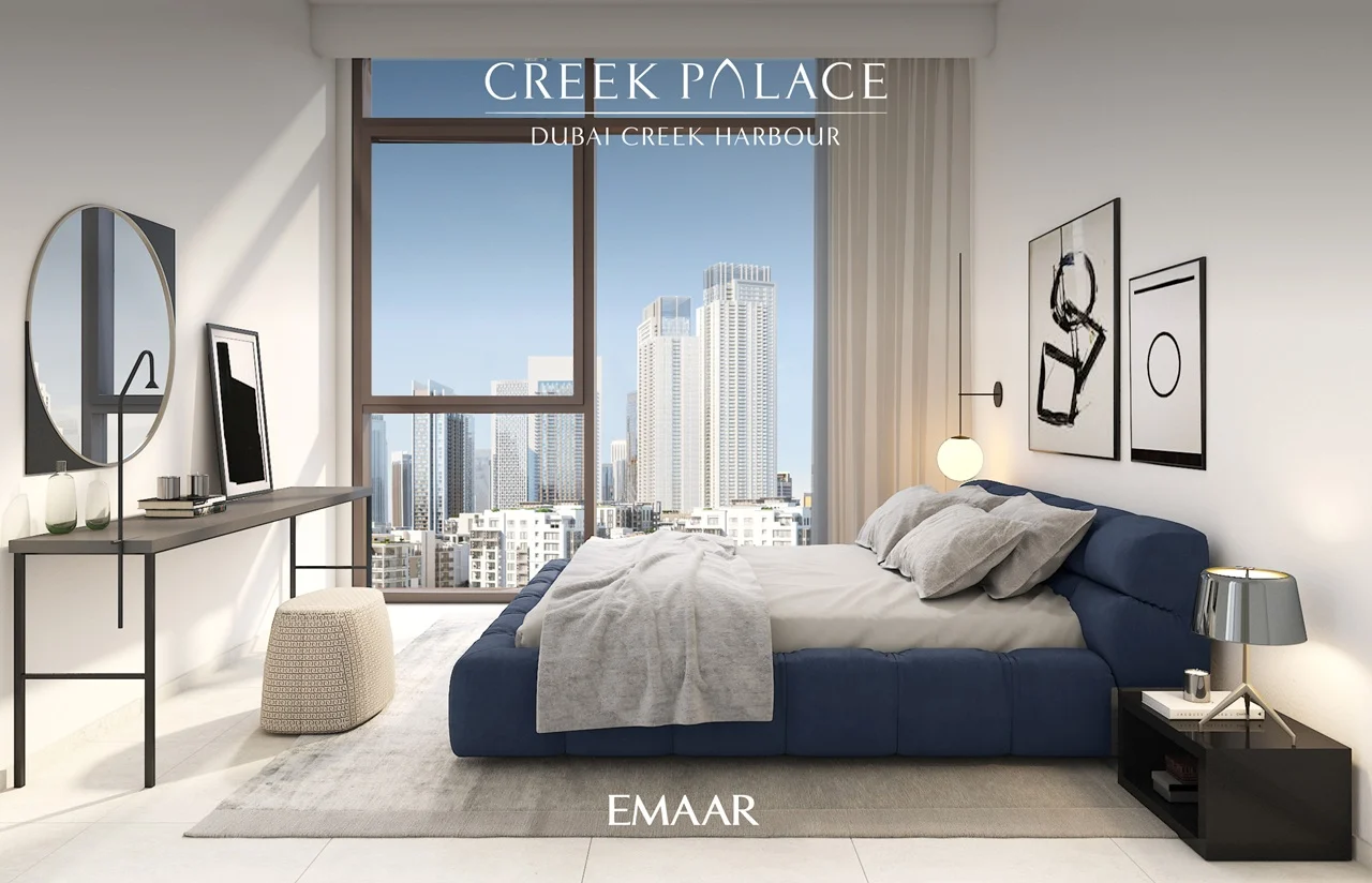 Creek Palace at Dubai Creek Harbour by Emaar Properties modern bedroom interior with floor to ceiling window, city skyline view, and elegant furniture in Dubai Presented by Tohid Fetrat