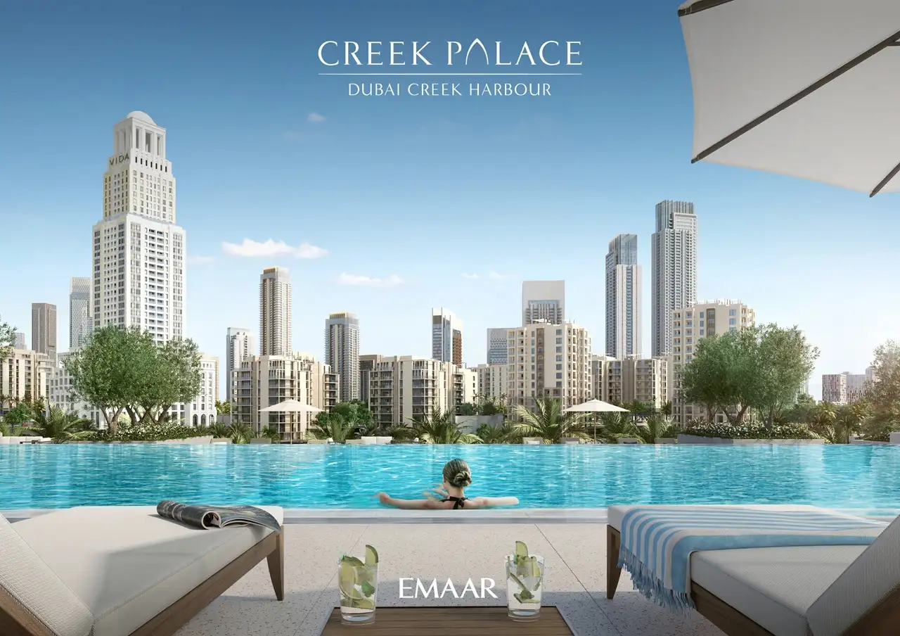 Creek Palace at Dubai Creek Harbour by Emaar Properties infinity pool with sun loungers, skyline views, and waterfront lifestyle setting in Dubai Presented by Tohid Fetrat