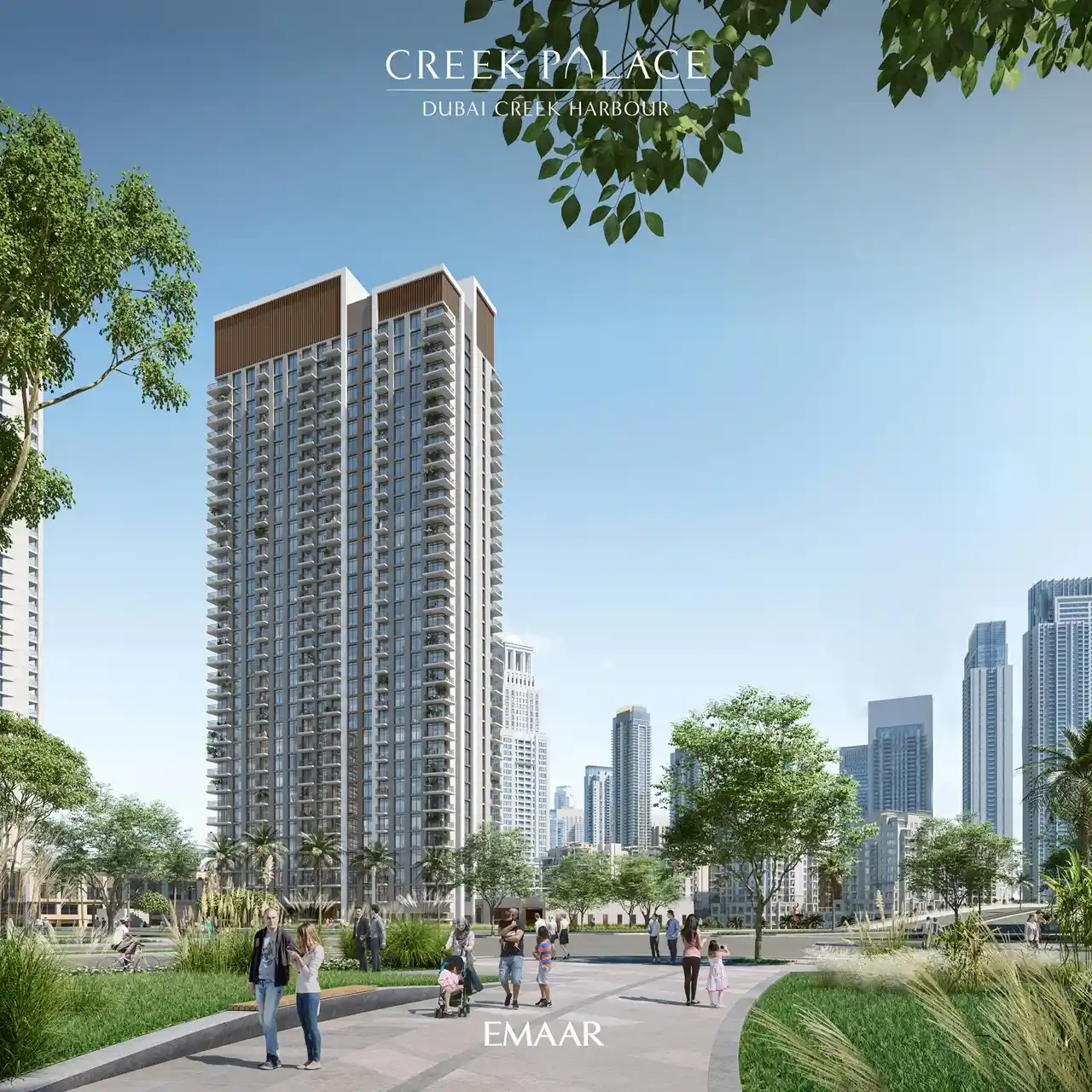 Creek Palace at Dubai Creek Harbour by Emaar Properties apartment tower with landscaped community walkway and modern skyline surroundings in Dubai Presented by Tohid Fetrat
