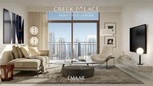 Creek Palace at Dubai Creek Harbour by Emaar Properties modern living room interior with balcony, city skyline view, elegant seating, and contemporary decor in Dubai Presented by Tohid Fetrat