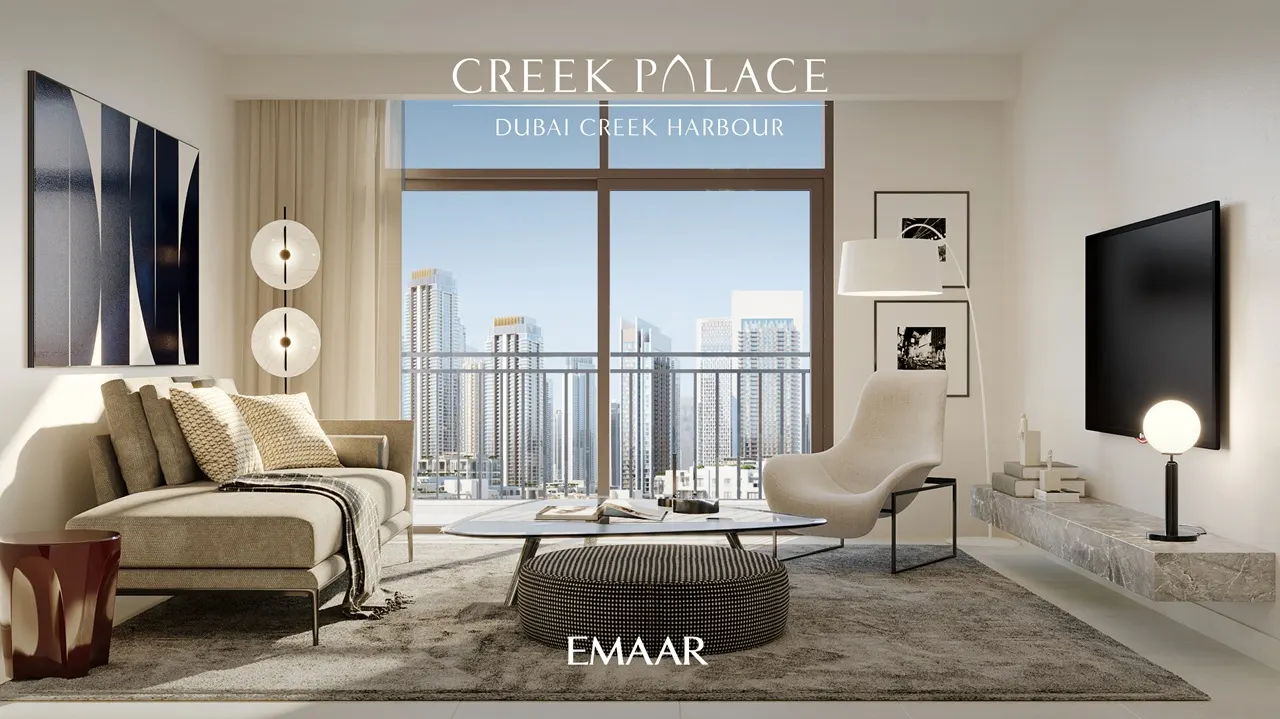Creek Palace at Dubai Creek Harbour by Emaar Properties modern living room interior with balcony, city skyline view, elegant seating, and contemporary decor in Dubai Presented by Tohid Fetrat