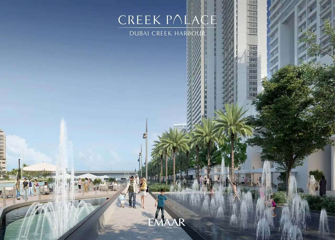Creek Palace at Dubai Creek Harbour by Emaar Properties waterfront apartments with water features, palm landscaping, promenade walkway, and leisure setting in Dubai Presented by Tohid Fetrat