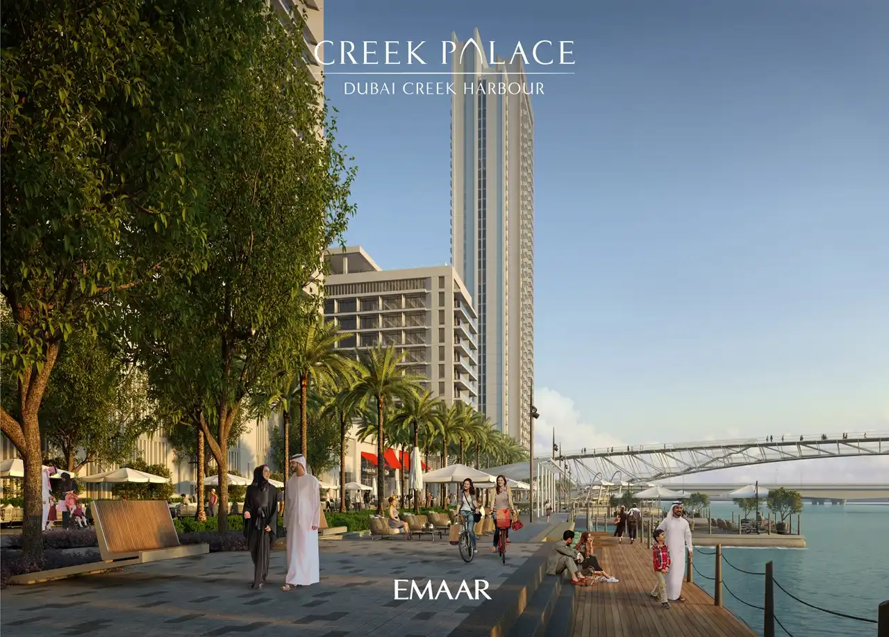Creek Palace at Dubai Creek Harbour by Emaar Properties waterfront apartments with boardwalk, palm landscaping, pedestrian bridge, and community leisure setting in Dubai Presented by Tohid Fetrat