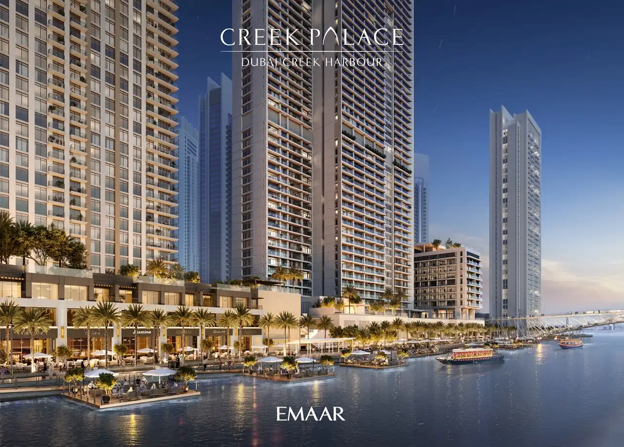 Creek Palace at Dubai Creek Harbour by Emaar Properties waterfront apartment towers with evening promenade, retail spaces, boats, and bridge view in Dubai Presented by Tohid Fetrat