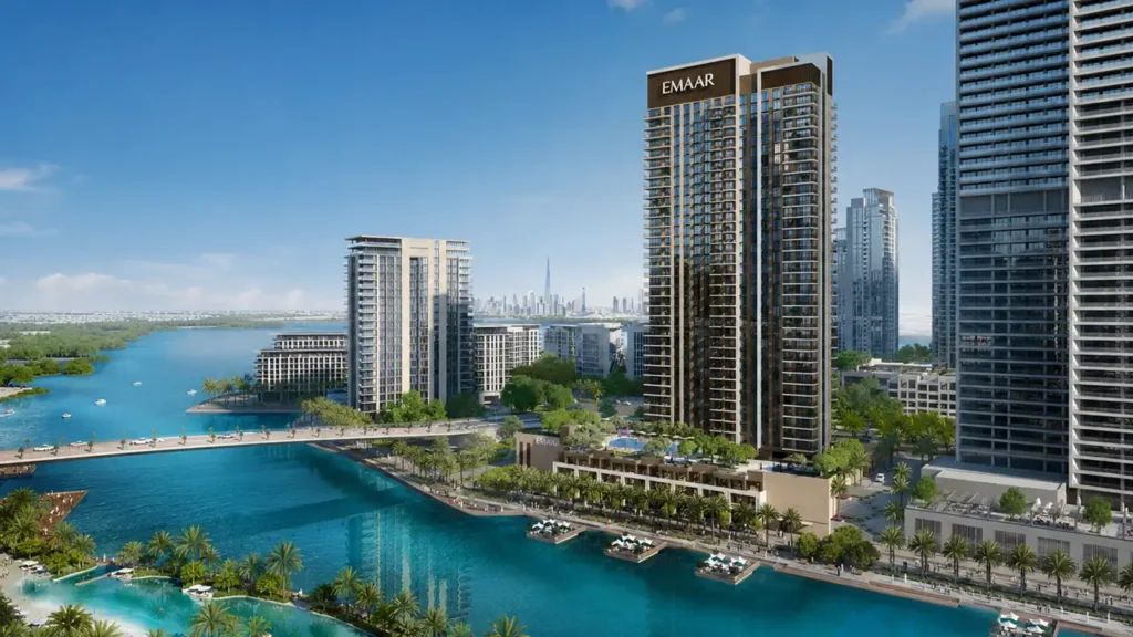 Creek Palace at Dubai Creek Harbour by Emaar Properties waterfront apartment towers with lagoon, palm landscaping, and community skyline view in Dubai Presented by Tohid Fetrat