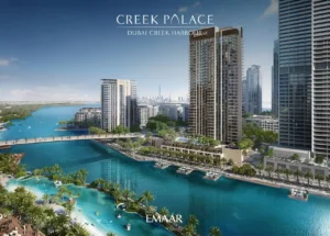 Creek Palace at Dubai Creek Harbour by Emaar Properties waterfront apartment towers with lagoon, palm landscaping, leisure areas, and skyline views in Dubai Presented by Tohid Fetrat