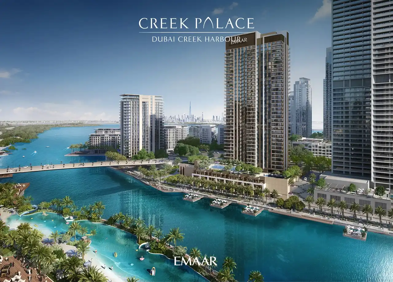 Creek Palace at Dubai Creek Harbour by Emaar Properties waterfront apartment towers with lagoon, palm landscaping, leisure areas, and skyline views in Dubai Presented by Tohid Fetrat