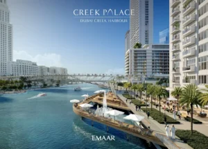 Creek Palace at Dubai Creek Harbour by Emaar Properties waterfront apartments with promenade, bridge, boats, palm landscaping, and leisure deck in Dubai Presented by Tohid Fetrat