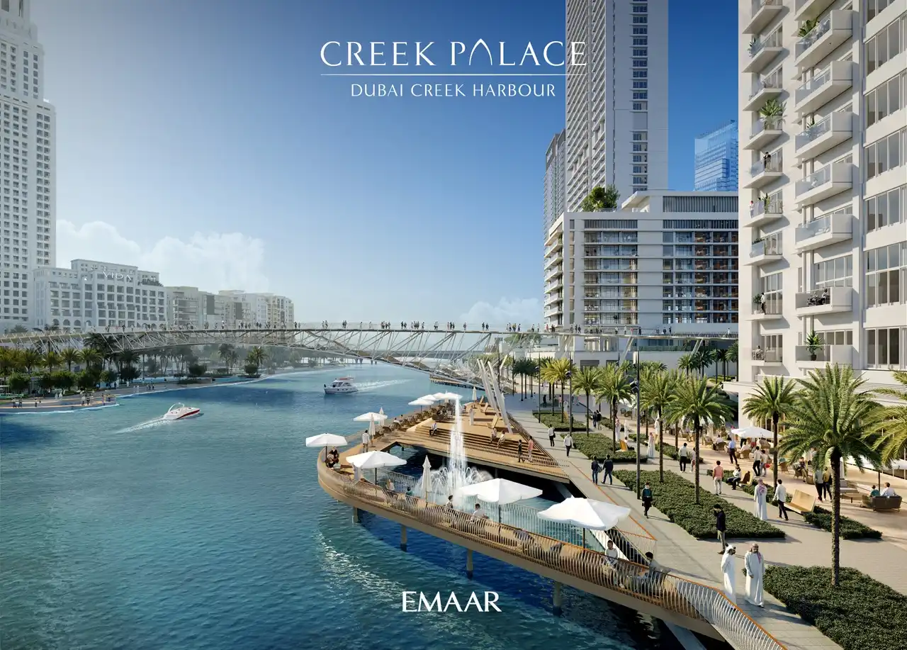 Creek Palace at Dubai Creek Harbour by Emaar Properties waterfront apartments with promenade, bridge, boats, palm landscaping, and leisure deck in Dubai Presented by Tohid Fetrat