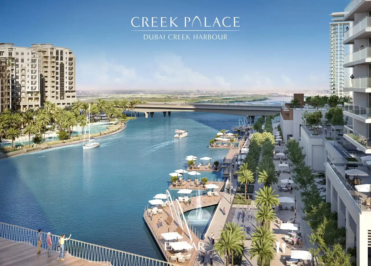 Creek Palace at Dubai Creek Harbour by Emaar Properties waterfront apartments with creek promenade, boats, bridge view, palm landscaping, and leisure decks in Dubai Presented by Tohid Fetrat