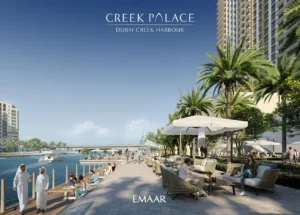 Creek Palace at Dubai Creek Harbour by Emaar Properties waterfront apartments with promenade seating, palm landscaping, boats, and leisure lifestyle setting in Dubai Presented by Tohid Fetrat