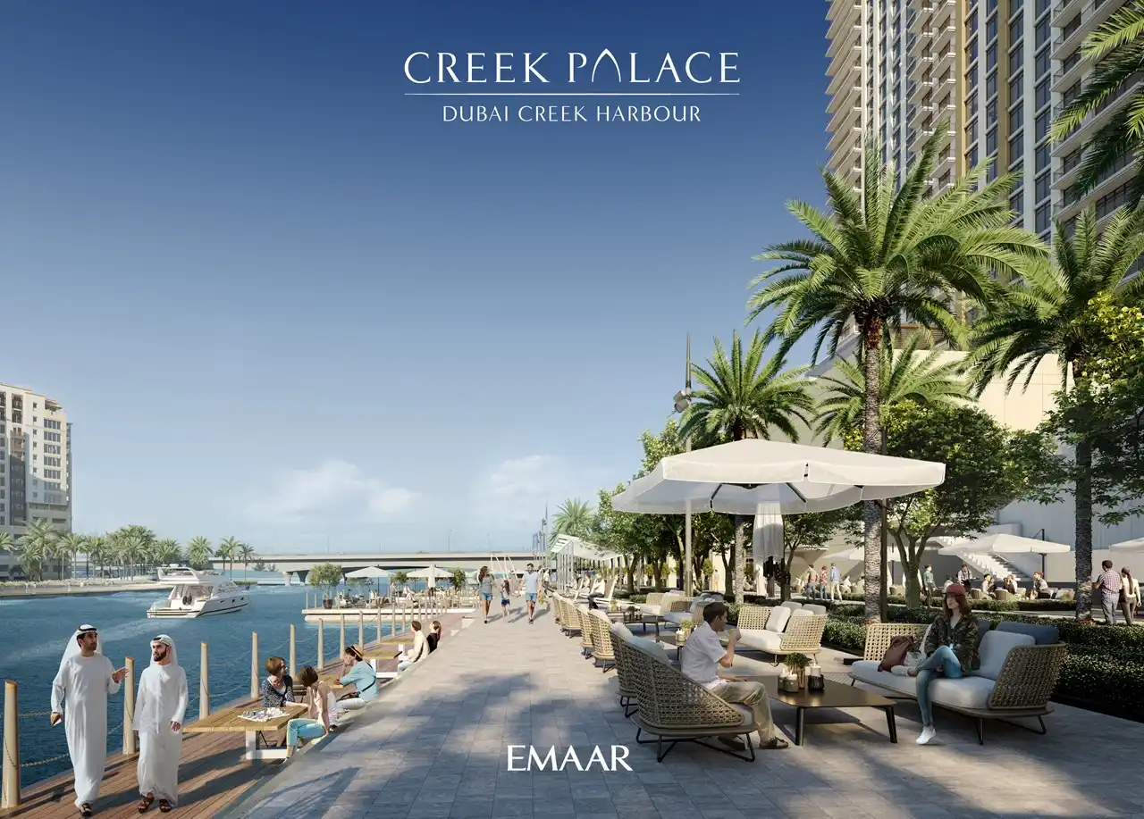 Creek Palace at Dubai Creek Harbour by Emaar Properties waterfront apartments with promenade seating, palm landscaping, boats, and leisure lifestyle setting in Dubai Presented by Tohid Fetrat